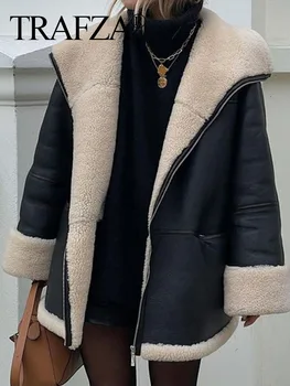 TRAFZA Зимние элегантные женские карманные куртки на молнии с лацканом Высокая уличная мода Женщина Черное утолщенное кожаное пальто с длинным рукавом