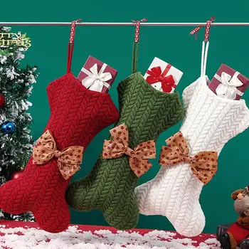  Рождественские чулки с бантом Большой размер Висячие вязаные чулки Подарки и украшения для семейной праздничной вечеринки